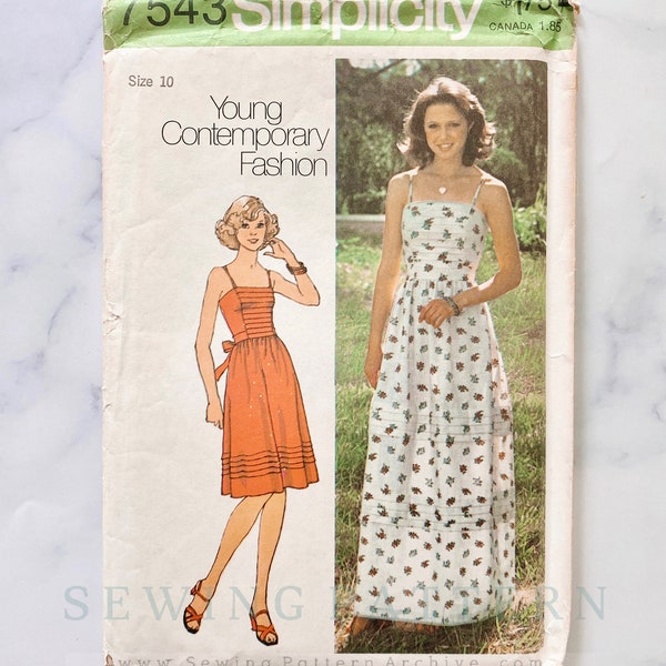 70s Simplicity 7543. 32 bust uncut ff. pintuck pleat bodice maxi dress spaghetti strap apron back tie sun dress 1970s vintage sewing pattern
