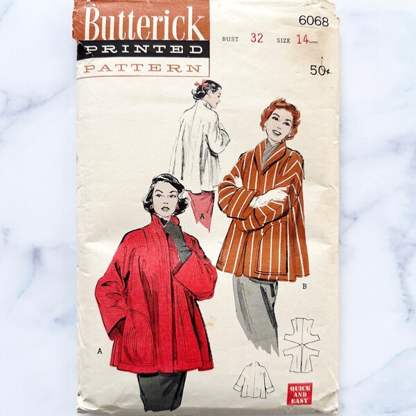 50s Butterick 6068. 32 bust. Short topper boxy swing car coat wide cuffs pockets stand up shawl collar. 1950s vintage sewing pattern