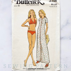 70s Butterick 3716. 32 Bust uncut ff. Retro boho halter bikini swimsuit. Long maxi cover up button t dress. Mod 1970s Vintage Sewing Pattern