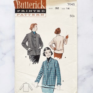 May include: Vintage Buttrick Printed Pattern 7045, size 14, bust 32. The pattern features three women wearing plaid jackets. The pattern is printed on white paper with brown text. The price is 50 cents.