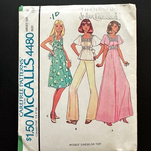 May include: A vintage sewing pattern for a dress or top. The pattern is for misses' sizes 8-31 1/2 and has a bust measurement of 4480. The pattern is from McCall's and costs $1.50. The pattern features three different styles of dresses, one with a floral print, one with a white top and bell-bottom pants, and one with a pink dress.