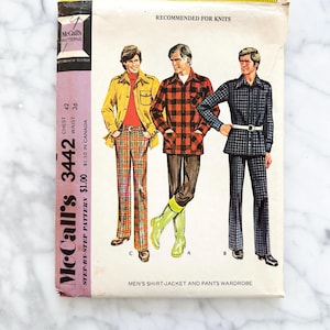 McCall’s 3442 – Chest 42". 1970s men’s  flannel shirt work jacket & pants. Stretch double knit fabric pattern. Retro vintage sewing pattern.