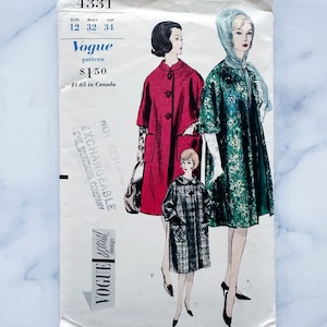 May include: Vintage Vogue sewing pattern number 4331 for a coat. The pattern includes three different styles: a red coat, a green coat, and a plaid coat. The pattern is for sizes 12, 32, and 34.