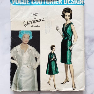 60s Vogue Couturier Design 1407. 36 bust uncut ff. Jo Mattli faux wrap dress mod retro wide loose swing coat. 1960s Vintage Sewing Pattern.