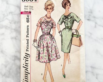 Simplicity 3934 – Bust 35. 1960s sheath and fit flare dress with bow tie. Slenderette half size pattern. Vintage sewing pattern.
