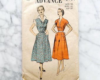 Advance 5784 – Bust 34. 1950s fit and flare day dress with wing collar and cuffs. Vintage sewing pattern.