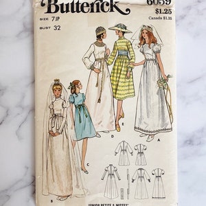70s Butterick 6059. 32 bust uncut ff. gunne sax prairie cottage core wedding dress ruffle long puff sleeves. 1970s vintage sewing pattern