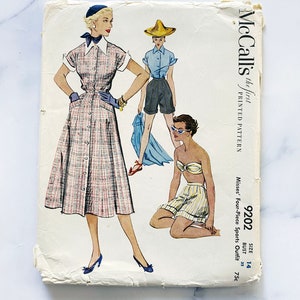 May include: Vintage McCall's sewing pattern for a four-piece sports outfit. The pattern is for size 14, bust 32, and costs 75 cents. The pattern features a woman wearing a plaid dress with a white collar and a blue hat, a woman wearing a blue shirt and shorts, and a woman wearing a white bikini top and yellow shorts.