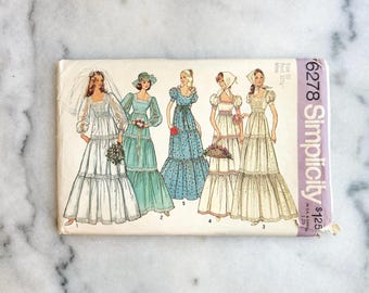 70s Simplicity 6278. 31, 32, 34 bust. puff sleeve bridesmaid cottage core prairie empire waist wedding gown. 1970s Vintage Sewing Pattern