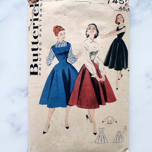 50s Butterick 7455. 34 bust. Fit and flare jumper dress rockabilly retro party dress lucy style blouse skirt 1950s vintage sewing pattern