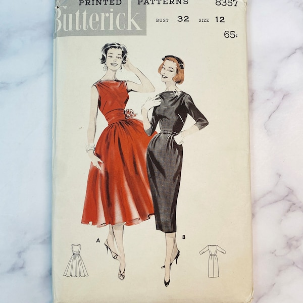 50s Butterick 8367 32 bust uncut ff. boat bateau neck sleeveless slim full skirt tea length midi cocktail dress 1950s vintage sewing pattern