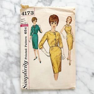60s Simplicity 4173. 30.5 bust. 1960s slim pencil skirt square neck dress with 3/4 sleeve cropped jacket vintage sewing pattern