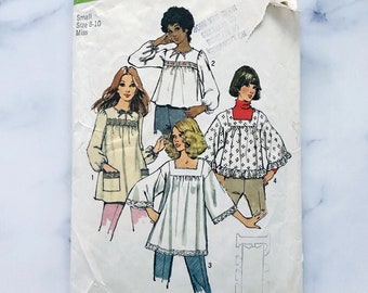 70s Simplicity 5341. Small 31-32 bust. retro boho smock tunic blouses. wide sleeves yoke collar shift top. 1970s vintage sewing pattern