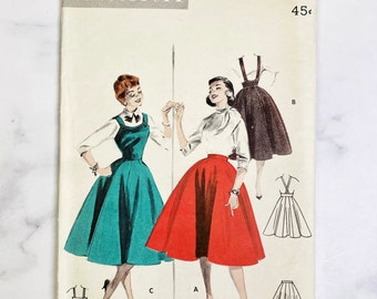 50s Butterick 7487. 30 bust ff 1950s vintage sewing pattern.  Fit and flare jumper dress rockabilly retro party dress lucy style. suspenders