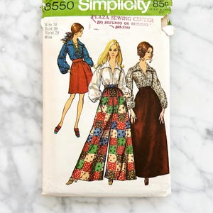 60s 70s Simplicity 8550. 36, 38 bust. Puff Sleeve Collar Blouse Maxi Skirt Wide Leg Pant Palazzo Pants 1960s Vintage Sewing Pattern volup