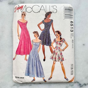 90s McCalls 6513. 4-8 uncut ff. princess seams fit flare dress or jumpsuit. off shoulder elastic cap sleeves 1990s vintage sewing pattern