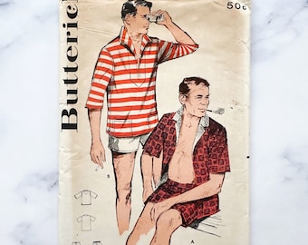 50s 60s Butterick 9612. Medium 38-40 chest. Vintage Mens cabana collar shirt and shorts beach set. retro 1960s vintage Sewing Pattern