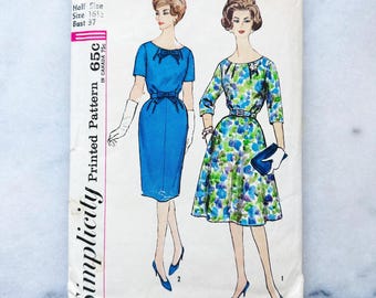 60s Simplicity 3722. 37 bust. half size neckline pleat cocktail dress. fit flare Slenderette 1950s vintage sewing pattern volup plus size