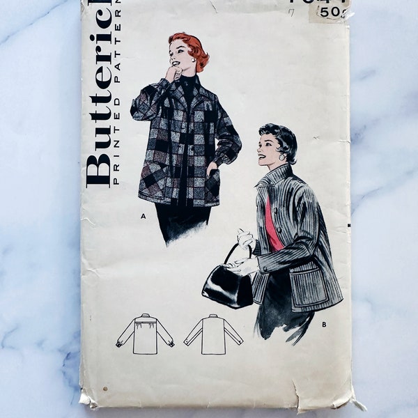 Butterick 7044. 36 bust UNCUT. Short topper coat swing box fit jacket. Pendleton car coat. 1950s vintage sewing pattern volup plus size