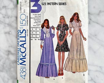 McCalls 4381. Borstbeeld 31-32-34. Jaren 70 prairiecottage trouwjurk. Maxi-jurk met ruches, vintage naaipatroon jaren 70