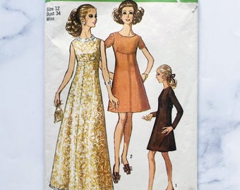 60s 70s Simplicity 8498. 34 bust. A Line Flare Skirt Front Seam Empire Waist cocktail dress Evening Gown. 1970s Vintage Sewing Pattern