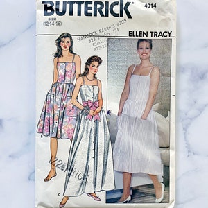 80s Butterick 4914. 12-14-16 uncut ff. Button front maxi dress spaghetti strap apron back tie. Ellen Tracy 1970s vintage sewing pattern