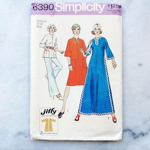 May include: Simplicity sewing pattern number 6390 for a dress. The pattern is for sizes 12-14 and includes three different dress styles. The pattern is labeled "Jiffy" and includes two main pattern pieces.