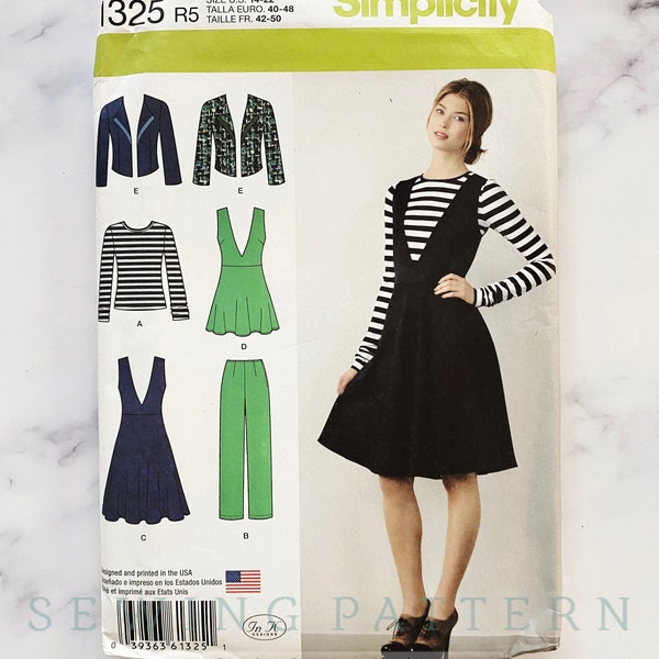 Simplicity 1325 uncut ff new. 6-14, 14-22. Stretch knit deep V neck fit flare jumper dress. pants, top, jacket separates plus size volup