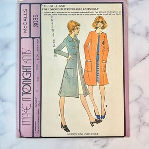 May include: A sewing pattern for a misses' unlined coat. The pattern is for stretchable unbonded knits and includes two different stitching lines on the side and sleeve seams to adjust the fit. The pattern is from McCall's and is number 3085.