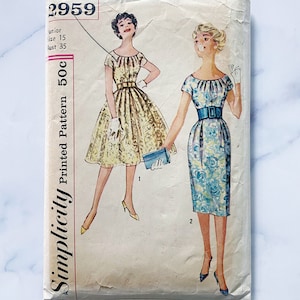 50s Simplicity 2959. 35 bust. pleated neckline cap sleeve cocktail dress slim or very full skirt 1950s vintage sewing pattern