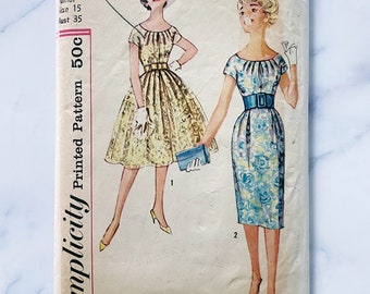 50s Simplicity 2959. 35 bust. pleated neckline cap sleeve cocktail dress slim or very full skirt 1950s vintage sewing pattern