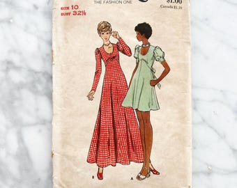 70s Butterick 6950. 32.5 bust. retro contour empire waist flare skirt maxi babydoll dress. Short puff sleeves 1970s vintage sewing pattern