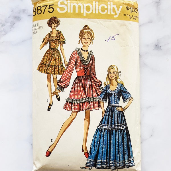 Jaren '70 Eenvoud 8875. 32, 34, 36, 38 Gunne sax-stijl prairie cottage maxi-jurk met ruches en pofmouwen. Vintage naaipatroon uit de jaren 70