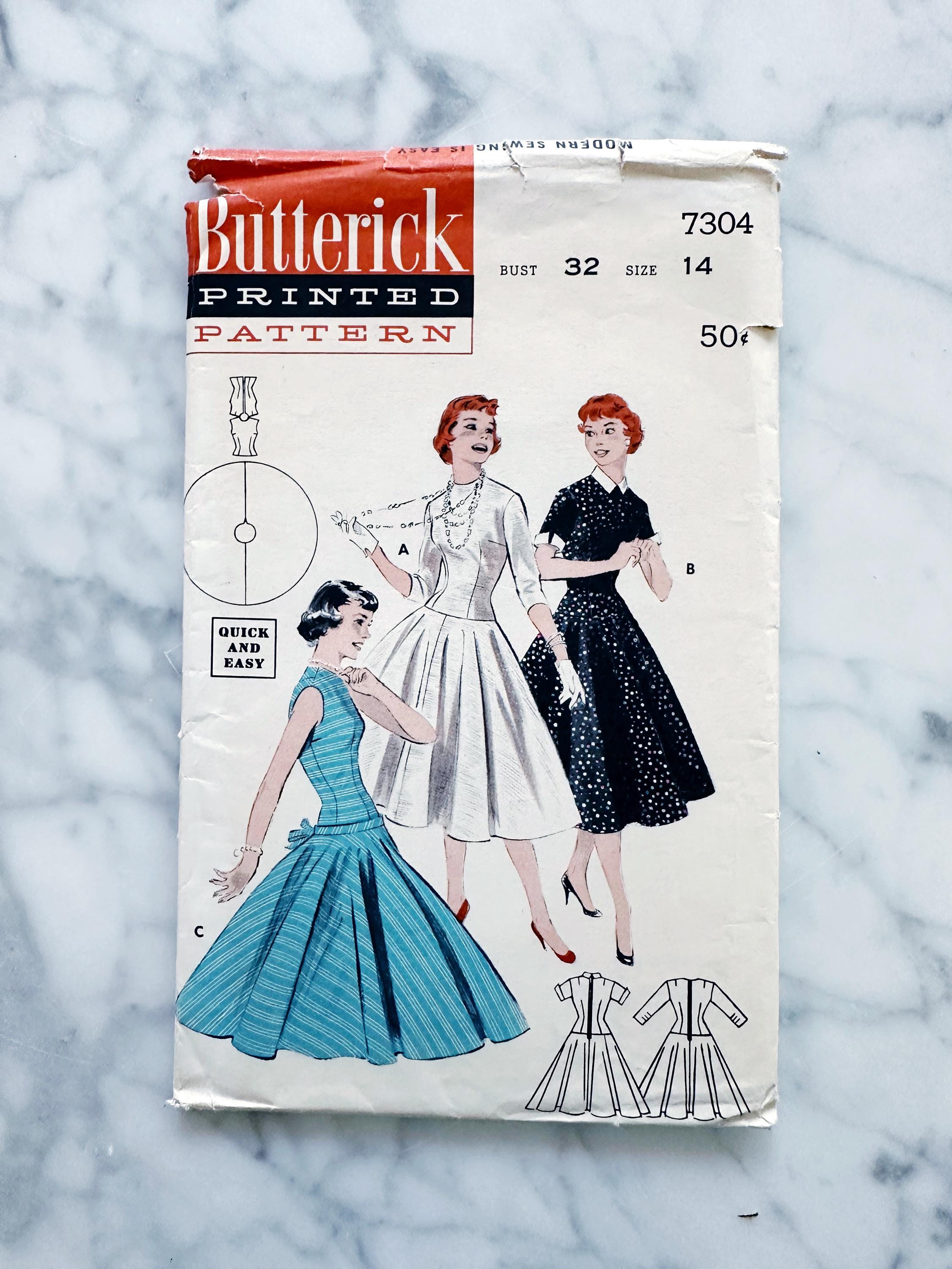 50s Butterick 7304. 32 Bust. Long Line Fit Flare Collar Variation ...