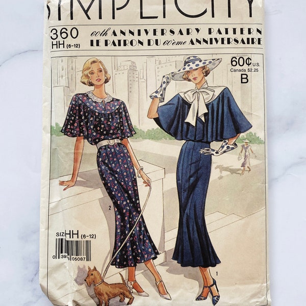 Simplicity 9360. 6-12, 14-20 uncut ff. collar cape dress gore skirt. retro anniversary reissue 1930s Vintage Sewing Pattern volup plus size