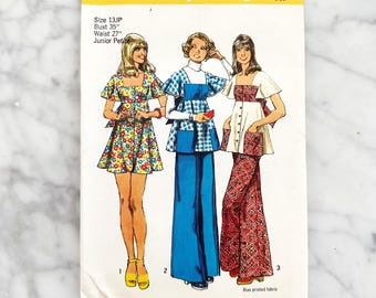 jaren 70 McCalls 5691. 35 buste ev. Babydoll tuniekjurk met wijde pijpen en wijde pijpen. opgestikte zakken. Vintage naaipatroon jaren 70