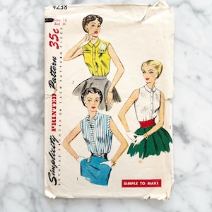 May include: Vintage Simplicity sewing pattern for a sleeveless blouse. The pattern is printed on a white paper with a red and black border. The pattern number is 4238 and the size is 16, bust 34. The pattern is 35 cents. The pattern shows three different styles of the blouse.