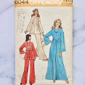 70s Simplicity 6044. 32, 38 bust.  vintage maxi dress caftan or pintuck blouse long sleeves wide leg pants 1970svintage sewing pattern volup