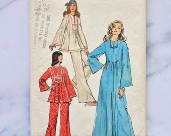 70s Simplicity 6044. 32.5 bust.  vintage maxi dress caftan or pintuck blouse long sleeves wide leg pants. 1970svintage sewing pattern volup