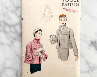 May include: Vintage Vogue sewing pattern for a jacket, size 12, with a bust measurement. The pattern features two illustrations of women wearing the jacket, one in a red and white plaid pattern and the other in a solid gray. The pattern is labeled "Vogue Pattern" and includes the price of 50 cents.