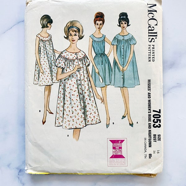 60s McCalls 7053 36 bust. Duster house dress peignoir nightgown front button robe full slip lingerie sleepwear 1960s Vintage Sewing Pattern