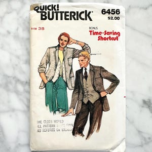 May include: Vintage sewing pattern envelope for a men's jacket and vest. The pattern is from Butterick, number 6456, size 38. The envelope features a drawing of two men wearing the garments. The text "Time-Saving Shortcut" is printed on the envelope.