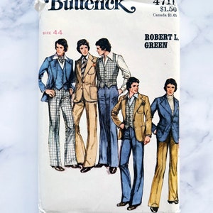 70s Butterick 4711. 44 uncut ff. Robert Green menswear blazer jacket vest bootcut flare leg pants suit. 1970s Vintage Sewing Pattern image 1