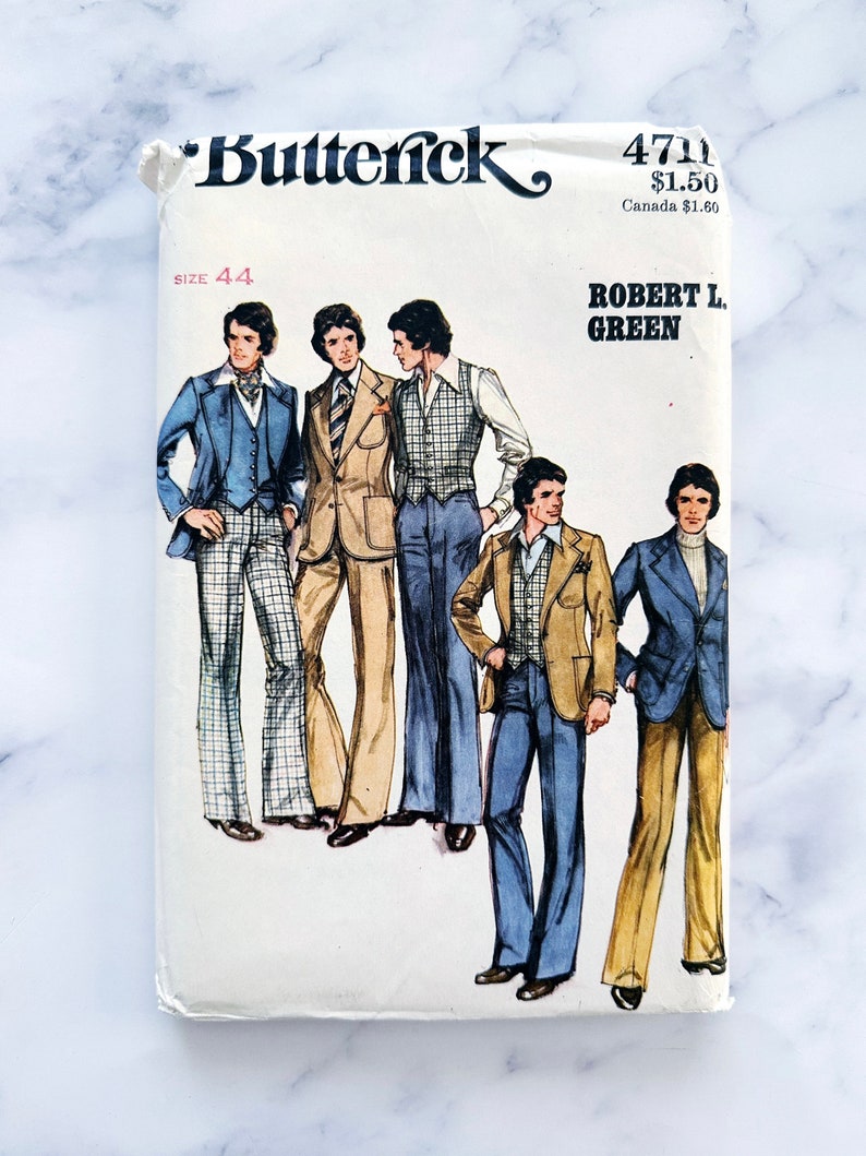 70s Butterick 4711. 44 uncut ff. Robert Green menswear blazer jacket vest bootcut flare leg pants suit. 1970s Vintage Sewing Pattern image 1