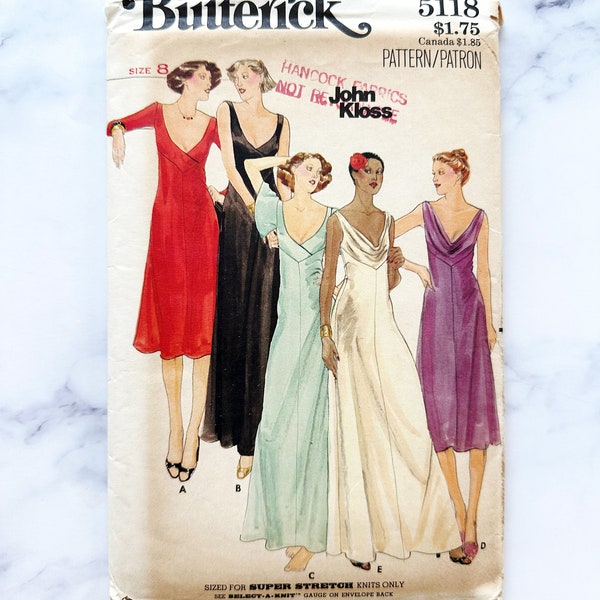 70er Jahre Butterick 5118. 31 Büste. John Kloss Maxikleid aus Super-Stretch-Strick mit tiefem Wasserfallausschnitt und tiefem Ausschnitt. Retro Disco 1970er Jahre Vintage Schnittmuster