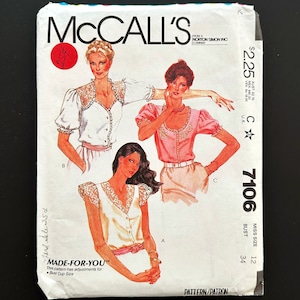 80s McCalls 7106. 34 bust ff. prairie cottage core puff flutter cap sleeve lace trim sheer yoke blouse. 1980s Vintage Sewing Pattern image 1