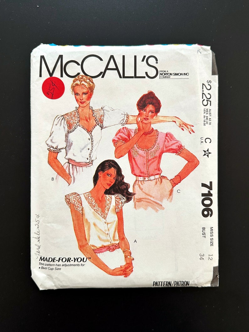 80s McCalls 7106. 34 bust ff. prairie cottage core puff flutter cap sleeve lace trim sheer yoke blouse. 1980s Vintage Sewing Pattern image 1