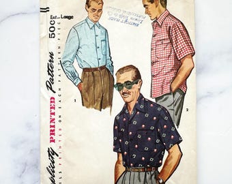 50s Simplicity 4981. Medium, XL . Vintage Mens long sleeve collar button back yoke retro sport shirt. 1950s vintage Sewing Pattern