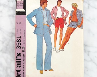 70s McCalls 3581. 40 chest. Vintage Mens patio jacket, cabana collar shirt + walking shorts retro beach swim 1970s vintage Sewing Pattern