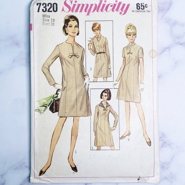 60s Simplicity 7320. 38 Bust. mod retro princess shift dress + sleeves, detachable collar . 1960s Vintage Sewing Pattern volup plus size